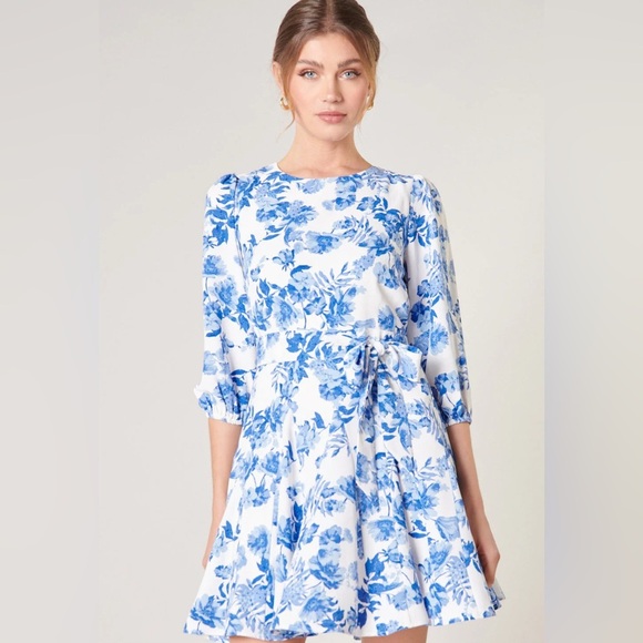 SUGARLIPS Antoinette Blue Floral Balloon Sleeve Derby Dress SIZE MED - Picture 6 of 14